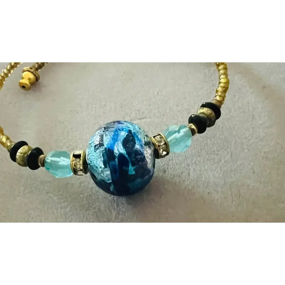 Blue Glass Bead Gold-Tone Wrap Bracelet